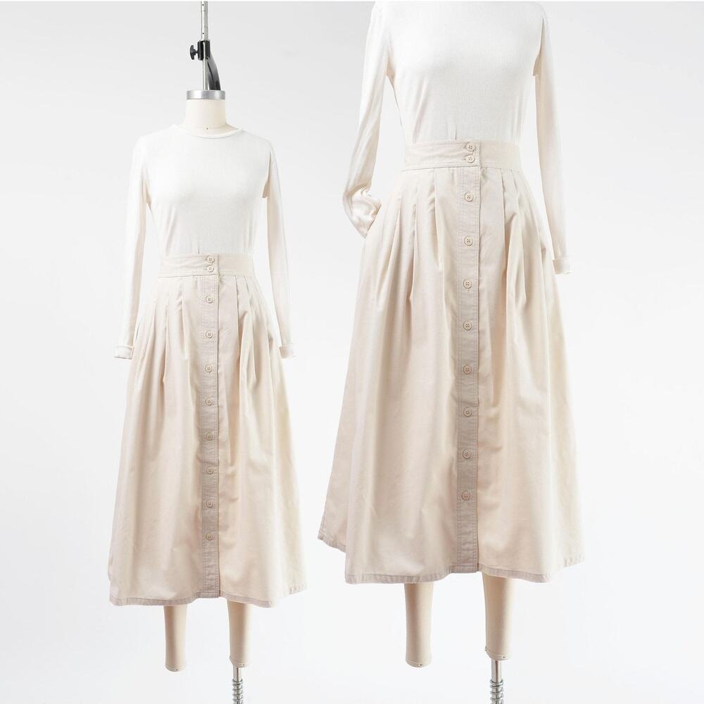 Vintage 90s Beige Button Front Pleated Cotton Blend Minimalist Midi Skirt L XL